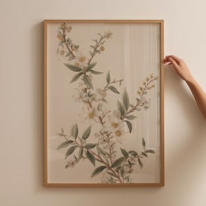 Impresión de arte de rama de flores de jazmín vintage, floral blanco sobre fondo crema, arte de pared imprimible, arte de pared cambiante, arte de pared minimalista de moda