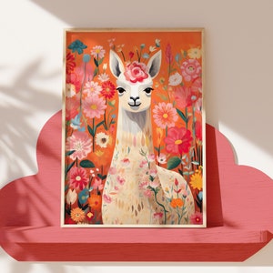 Whimsical Llama Art Print, Boho Floral Llama, Llama Printable Decor, Colorful Floral Nursery Decor, Kids Room Wall Art, Modern Wall Art