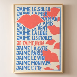 Impressão de tipografia de amor francês J'aime, impressão artística de frases de amor francesas, pôster de colagem de lábios vermelhos, arte de parede estilo parisiense 'J'aime', citações de amor