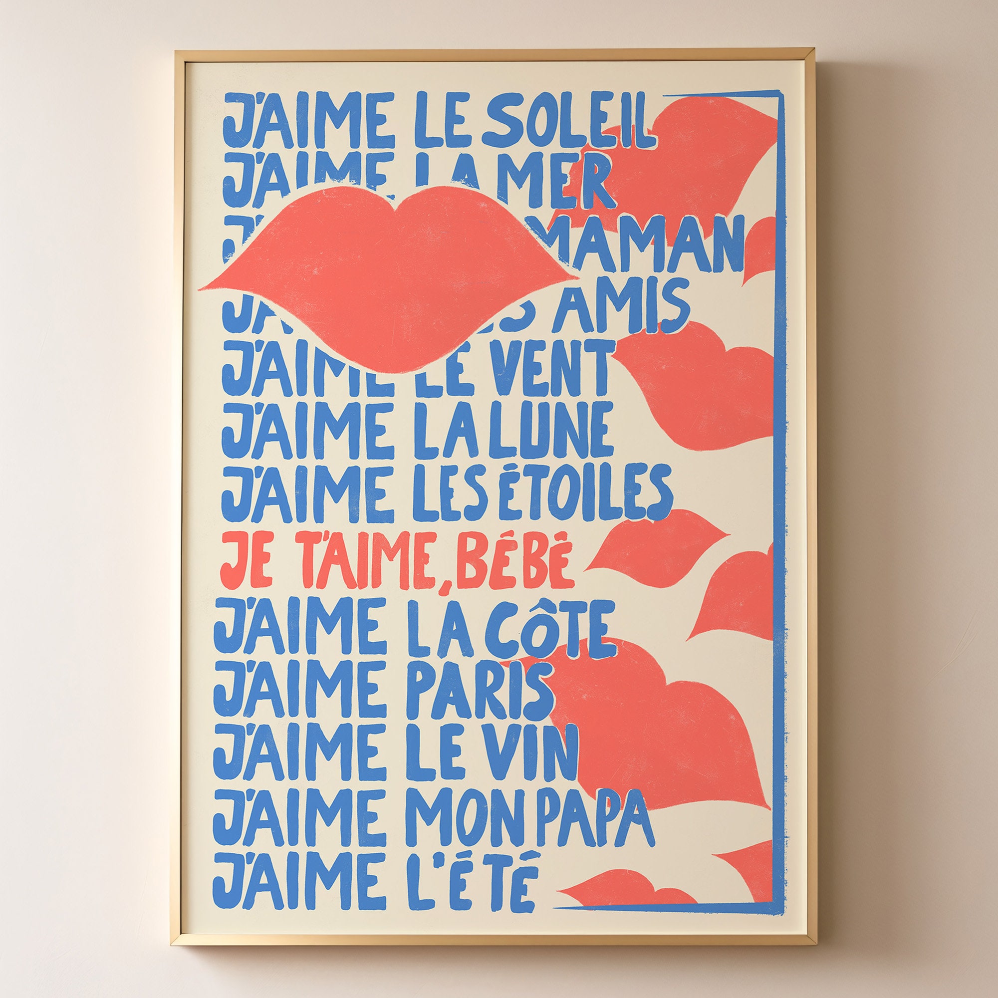 J'aime French Love Typography Print, French Love Phrases Art Print, Red Lips Collage Poster, 'J'aime' Parisian Style Wall Art, Love Quotes