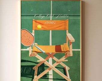 College Club Malibu 1990&#39;s Tennis Court Chair Retro Wall Art Print, Vintage Sports Poster, Dorm Room Decor, Tennis Print, Tennis Poster