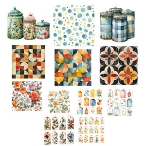 Vintage Kitchen Appliances Clipart Set, Watercolor Antique Appliances, Utensils, Decor PNG Files, Retro Refrigerators, Stoves, Mixers