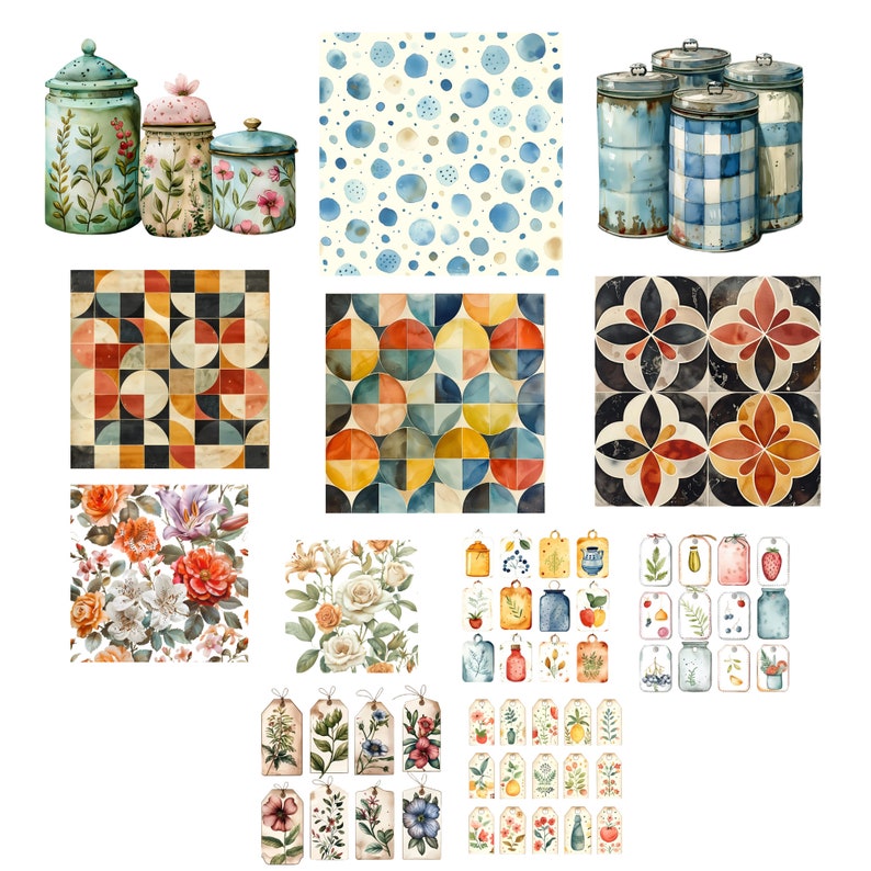 Vintage Kitchen Appliances Clipart Set, Watercolor Antique Appliances, Utensils, Decor PNG Files, Retro Refrigerators, Stoves, Mixers