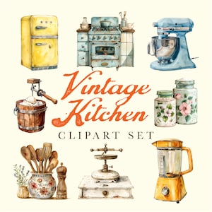 Vintage Küchengeräte Clipart-Set, Aquarell antike Geräte Utensilien, Dekor PNG-Dateien, Retro-Kühlschränke, Öfen, Mixer