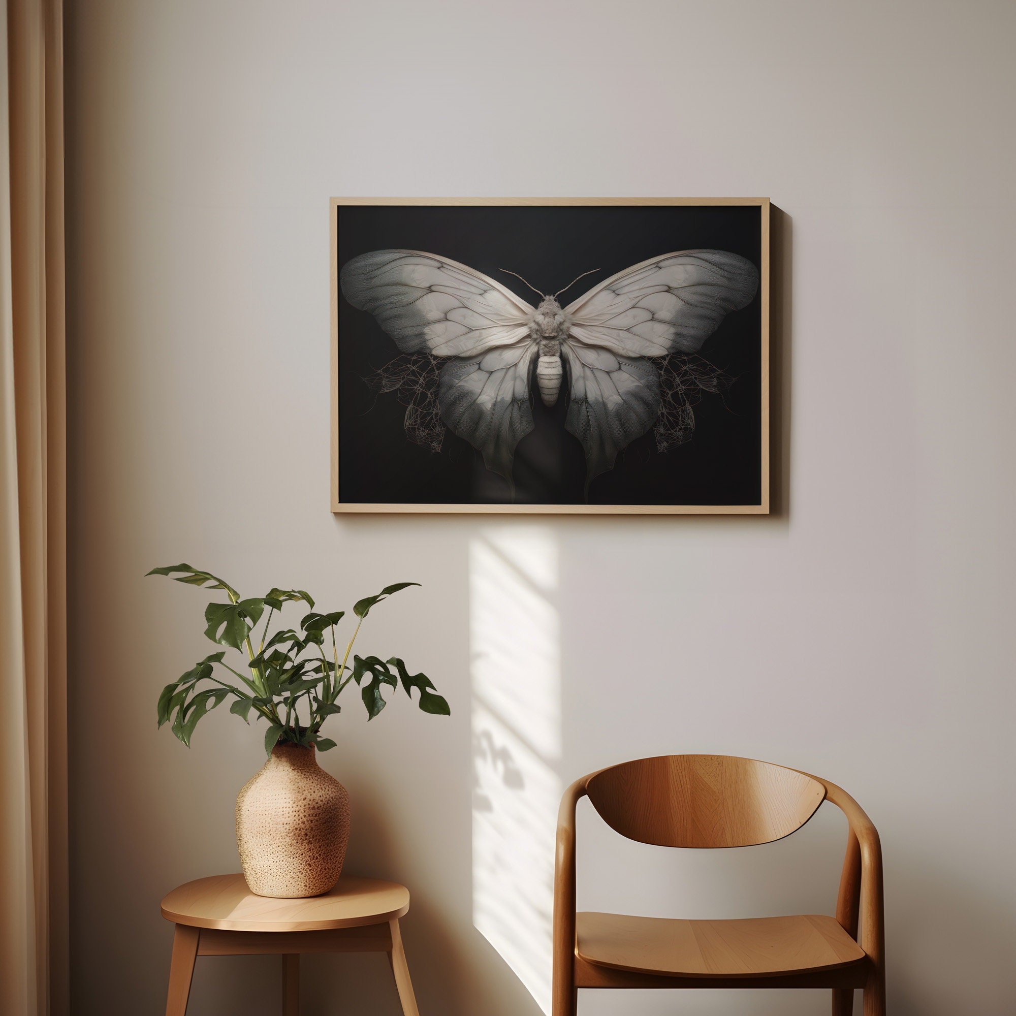 Monochrome Insects White Moth Art Print on Black Background, Striking Monochrome Insect ...