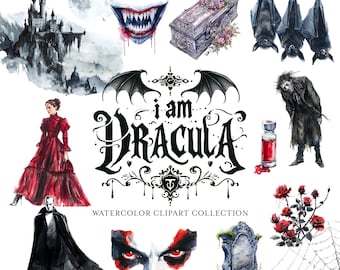 Dracula by Bram Stoker Halloween Watercolor Clipart Collection - Gothic Victorian Vampire Elements, Floral Borders, Characters, Quotes