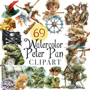 Peter Pan Acuarela Clipart, Neverland Digital Art, J M Barrie, Lost Boys, Tinker Bell, Sirena, Barco Pirata, Reloj Big Ben, Tesoro