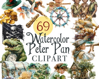 Peter Pan Watercolor Clipart, Neverland Digital Art, J M Barrie, Lost Boys, Tinker Bell, Mermaid, Pirate Ship, Big Ben Clock, Treasure