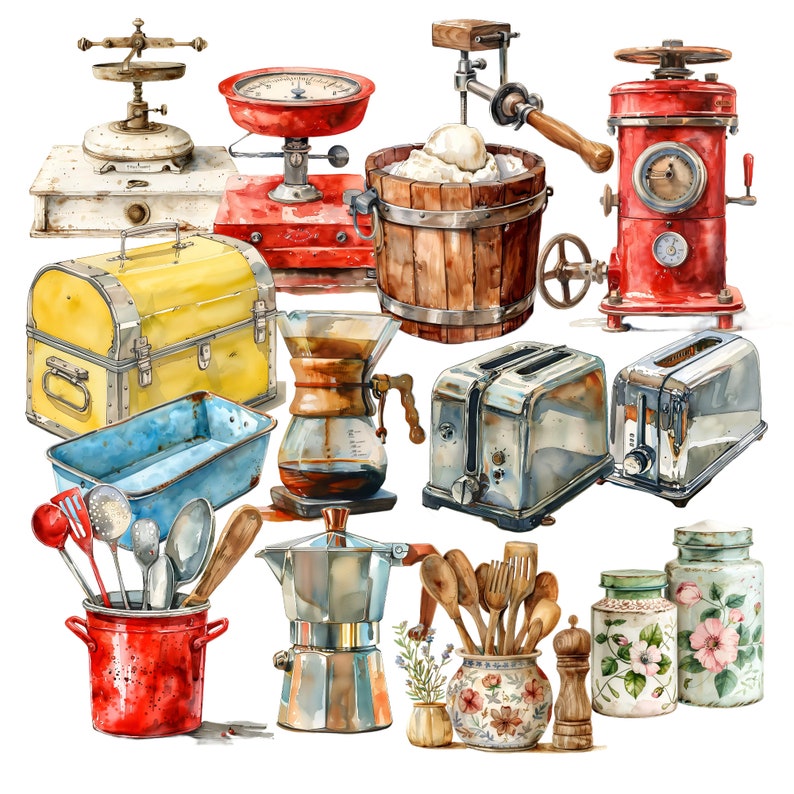 Vintage Kitchen Appliances Clipart Set, Watercolor Antique Appliances, Utensils, Decor PNG Files, Retro Refrigerators, Stoves, Mixers