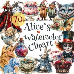 Deluxe Alice's Adventures aquarelle Clipart, Alice au pays des merveilles Clipart Collection, plus de 70 fichiers PNG, téléchargement numérique, Alice PNG