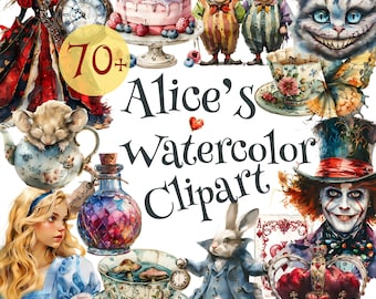 Deluxe Alice's Adventures Watercolor Clipart, Alice in Wonderland Watercolor Clipart Collection, 70+ PNG Files, Digital Download, Alice PNG