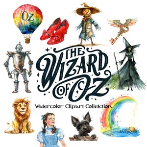 Il meraviglioso mago di Oz di L. Frank Baum Clipart ad acquerello, oltre 30 file PNG ad alta risoluzione, Leone, Spaventapasseri, Uomo di latta, Dorothy, Toto