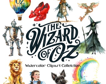 The Wonderful Wizard of Oz by L. Frank Baum Watercolor Clipart, 30+ High Resolution PNG Files, Lion, Scarecrow, Tinman, Dorothy, Toto
