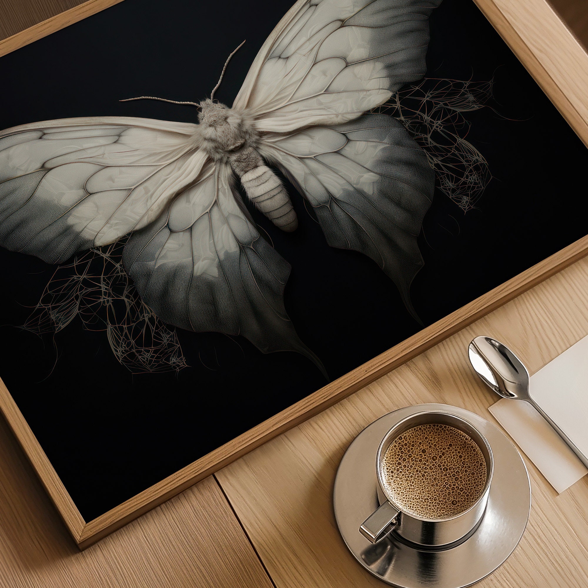 Monochrome Insects White Moth Art Print on Black Background, Striking Monochrome Insect ...