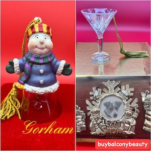 NEW Gorham Christmas Decorations, Gorham Crystal Martini Glass Ornament, Gorham Snowman Bell, Gorham Silver Christmas Tree Frames Set of 3