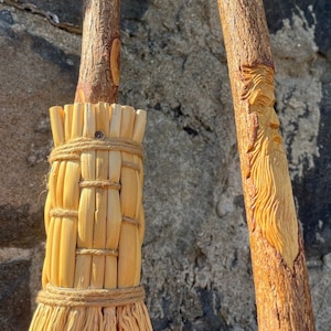 Broom with Tree Spirit Carving, Natural Wood Broom, Wood Carved Novelty Broom, Tree Spirit Carved Walking Staff, Matching Broom and Man Cane