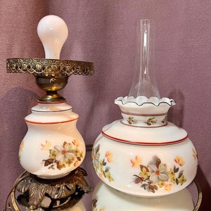 Vintage Milk Glass Hurricane Lamp: Hand-Painted Floral Dual Light