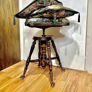 Antique Charles Parker Piano Stool: Victorian Embroidered Swivel Seat, Claw Feet