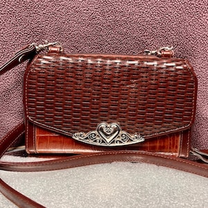 Leather Trifold Purse Wallet, Silver Heart Accents Organizer Purse, Vintage Leather Handbag, Women's Wallet, Womens Crossbody Leather Bag