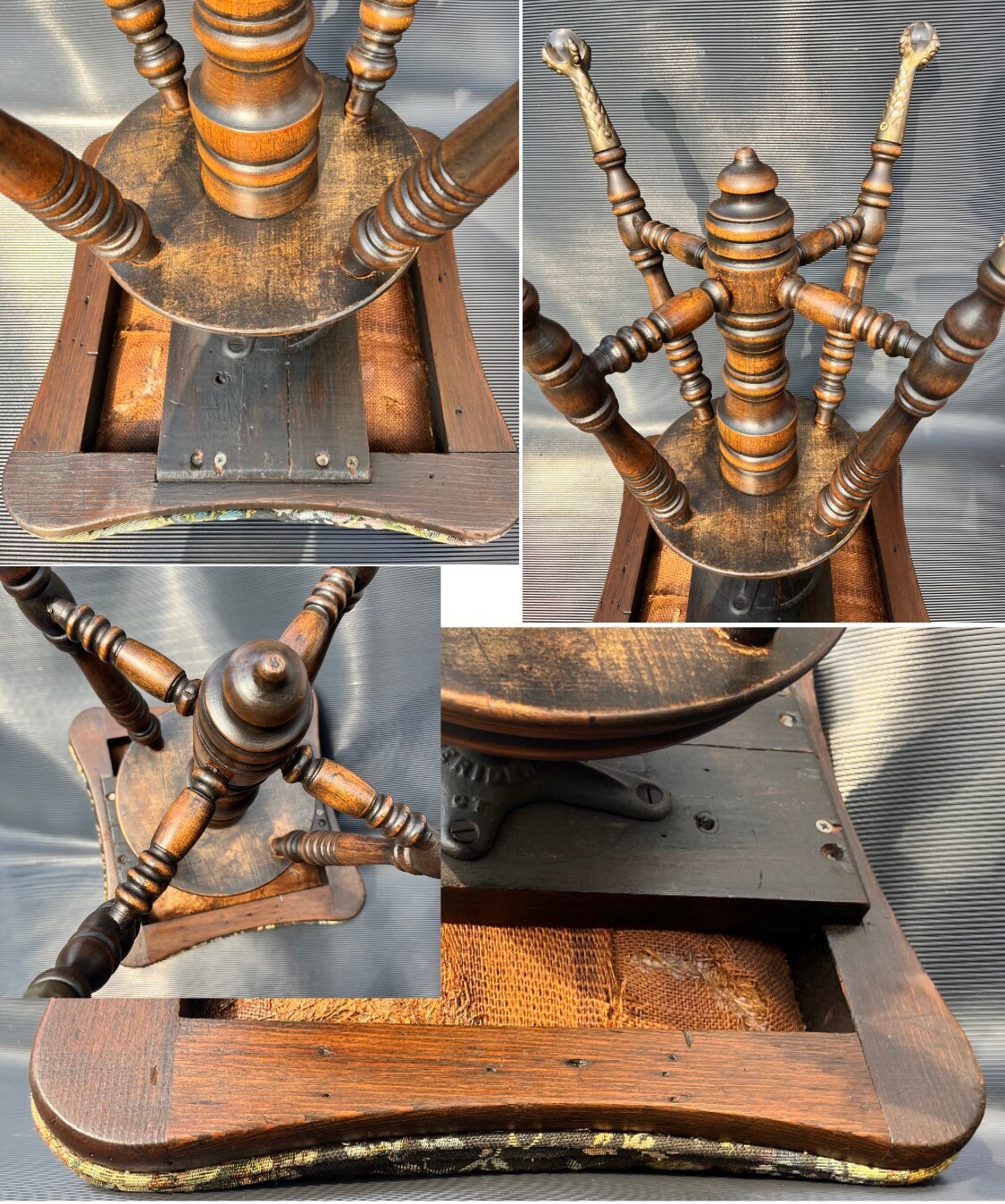 Antique Charles Parker Piano Stool: Victorian Embroidered Swivel