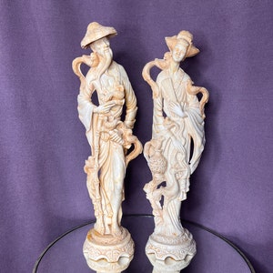 Asian Chinoiseries Good Luck Female Male Statuaries Circa 1940s, Asian Carved Figures, Fengshui HomeGoods, Hand Carved Resin Statues Artwork