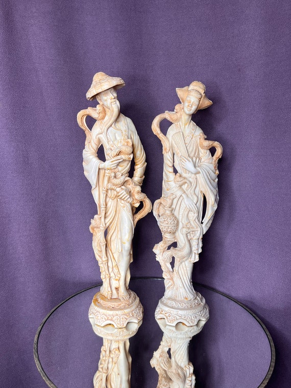Asian Chinoiserie Statues: 1940s Resin Carved Figures, Fengshui
