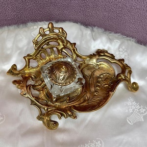 Inkwell Brass Victorian Style, Ink Stand with Glass Ink Holder, Inkwell Brass Vintage Collectible, Inkwell Butterfly Accents Office Decor