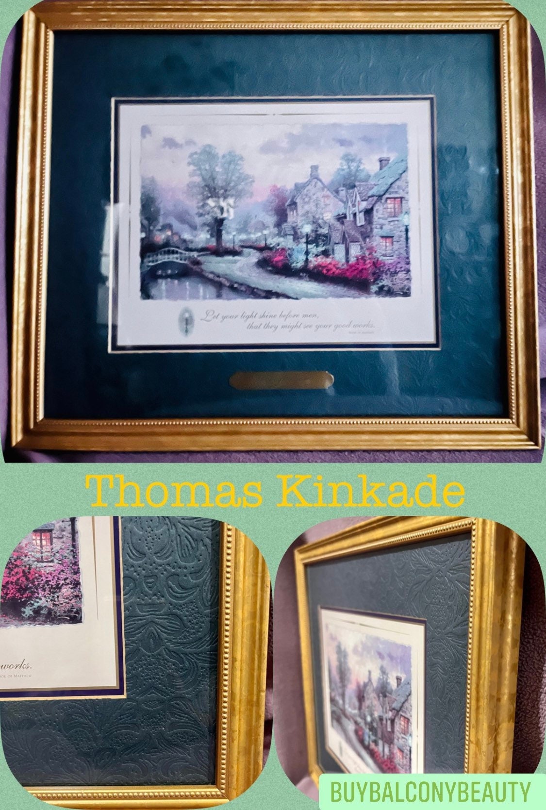Thomas Kinkade Lamplight Lane Print Framed Art Certificate of Authenticity, Kinkade Lamplight Christian Faith Framed Artwork Wall Art