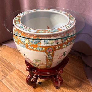 Vintage Rose Medallion Porcelain Fishbowl Table: Chinoiserie Asian Decor