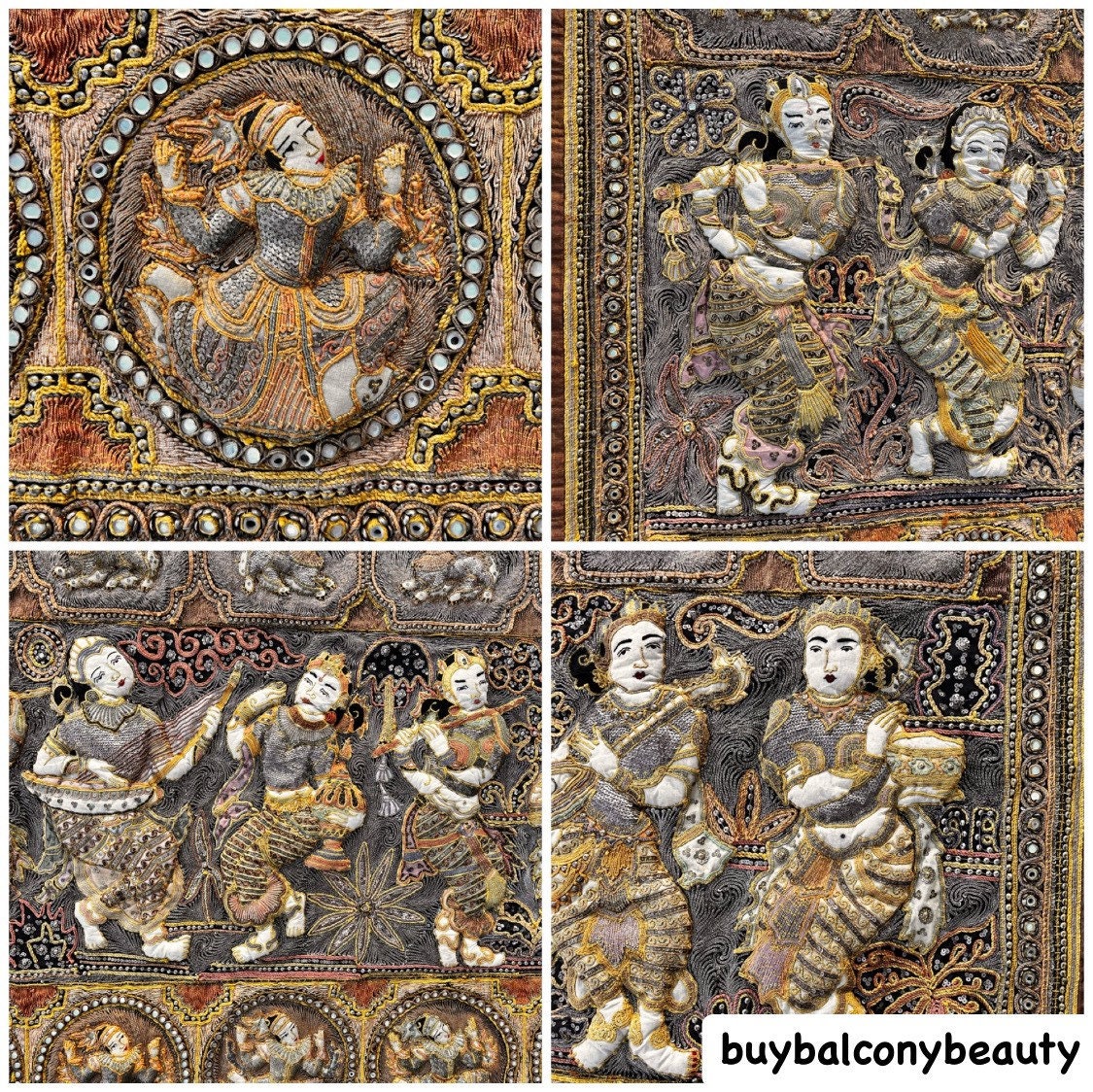 Vintage Burmese Kalaga Tapestry: Embroidered Ramayana Wall Art (H