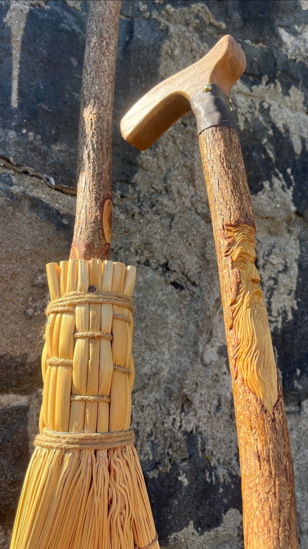 Broom With Tree Spirit Carving, Natural Wood Broom, Wood Carved Novelty