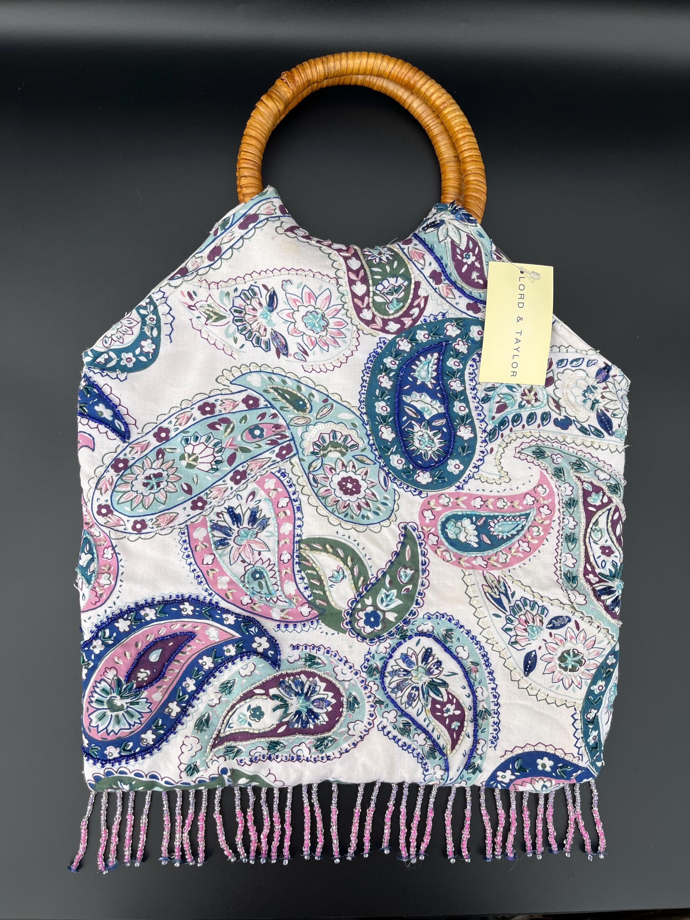 NWT Vintage Lord and Taylor Beaded Paisley Purse, Cane 