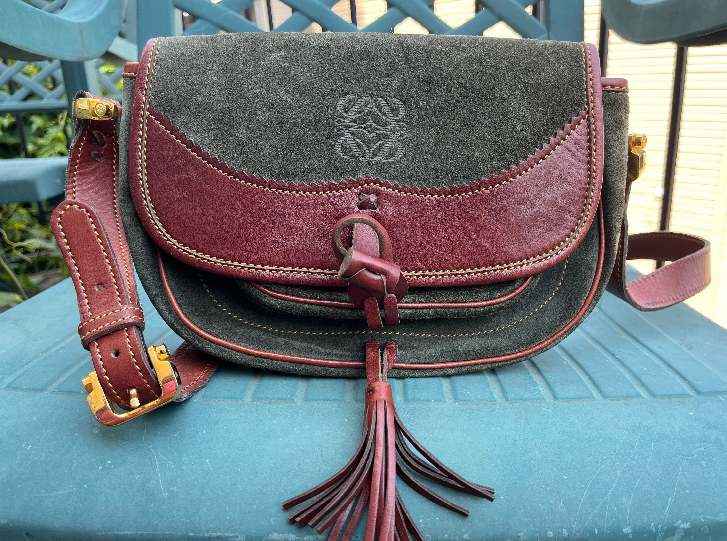 Loewe Crossbody Leather Suede Bag Loewe Womens Burgundy Brown Green Purse Vintage Loewe Designer Pocketbook Loewe Fashion Gifts for Women
