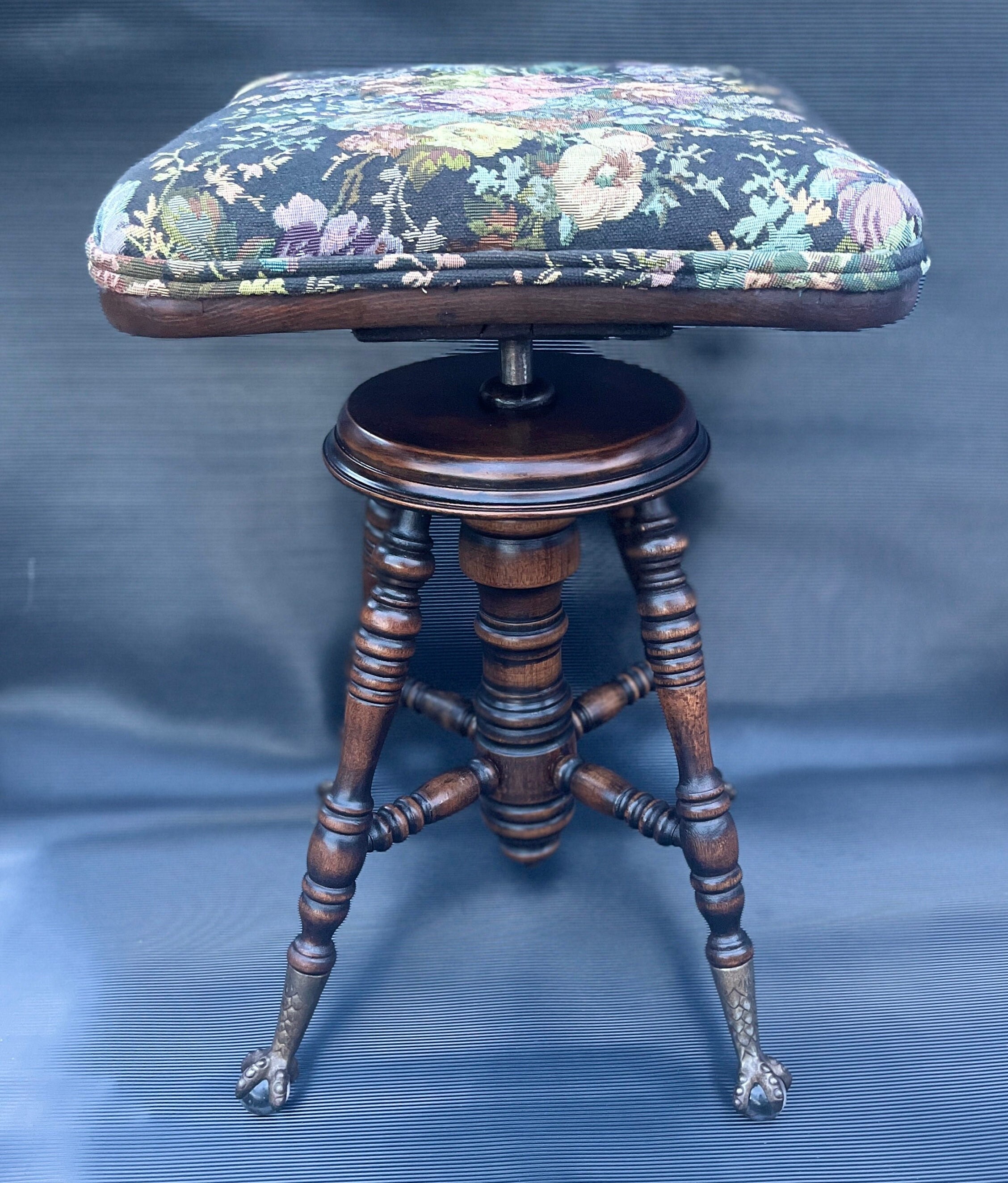 Antique Charles Parker Piano Stool: Victorian Embroidered Swivel