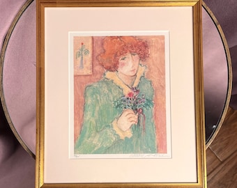 Barbara A Wood Piper Lithograph Signed and Numbered Limited Edition, Autographed Barbara A Wood Woman with Flowers Framed Gallery Artwork