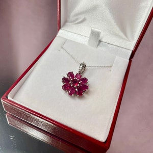 Ruby Flower Pendant Necklace, Genuine Ruby Gemstone 5.98ct Sterling Silver Fashion Jewelry Ensemble, Christmas Ruby Necklace, Ruby Necklace