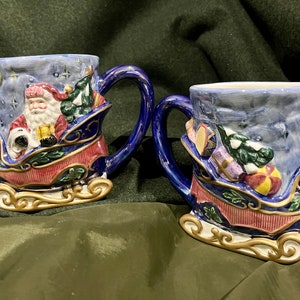 NEW Avon Matching Christmas Collectible Coffee Mugs, Oversized Decorative Santas Sleigh Jugs, His and Hers Christmas Family Tradition Gifts