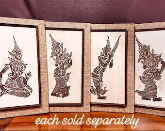 Authentic Charcoal Rubbing Thai Temple Rice Paper Framed Art, Thai Museum Quality Artifacts, Ramakien Buddhist Collection Vintage Wall Decor