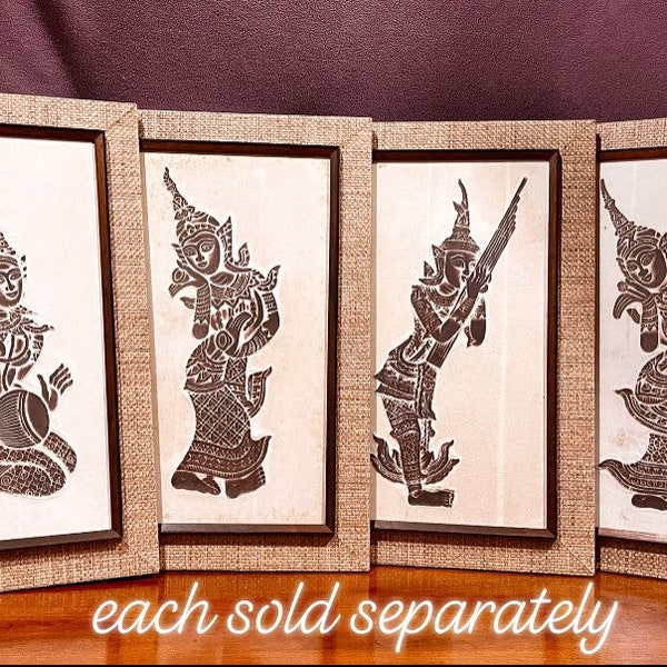 Authentic Charcoal Rubbing Thai Temple Rice Paper Framed Art, Thai Museum Quality Artifacts, Ramakien Buddhist Collection Vintage Wall Decor