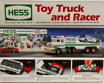 NEW 1991 ©Hess Toy Truck and Racer, Hess Trucks Collectible Toys, Hess Trucks Christmas Tradition Toys, Hess Trailer Truck Mancave Decor