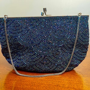 Bolso Walborg Baguette con cuentas de cristal azul, bolso Walborg para mujer, bolso de noche vintage Walborg, bolso de boda Walborg Glam, bolso de mano de noche Walborg