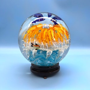 Murano Glass Paperweight, Murano Glass Sphere Large Ocean Sealife, Murano Glass Orb Paperweight, Murano Glass Aquatic Sphere for Scuba Diver