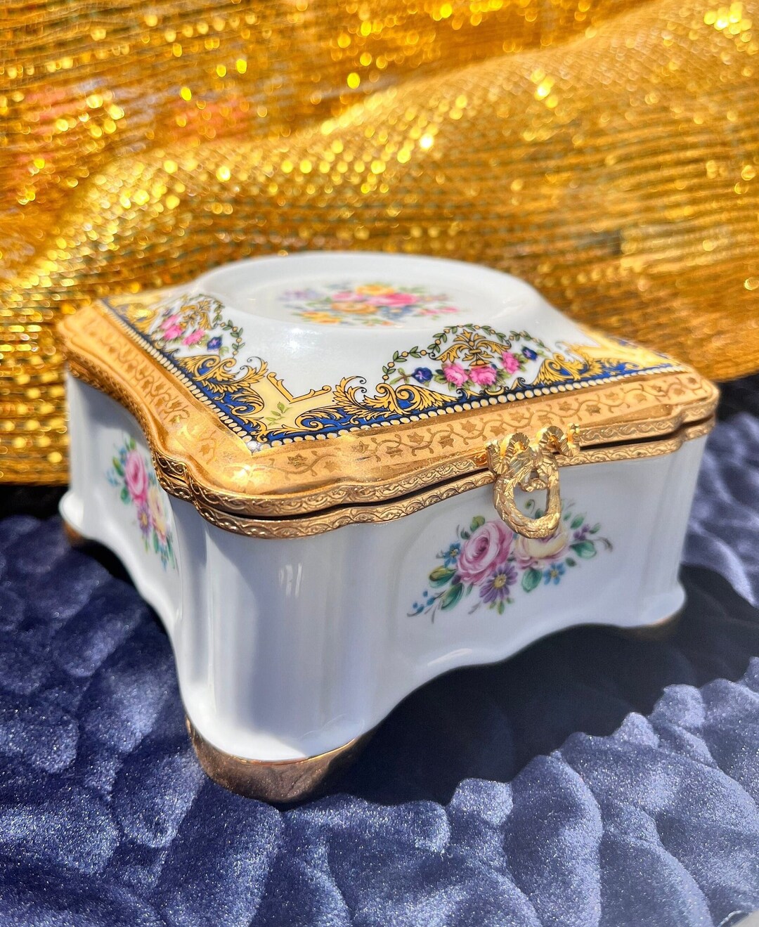 Imperia Limoges Porcelain france 22K Gold Trinket Box, Limoges Floral Collectible Glassware
