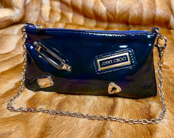 Jimmy Choo Pochette: Navy Blue Patent Leather Designer Baguette