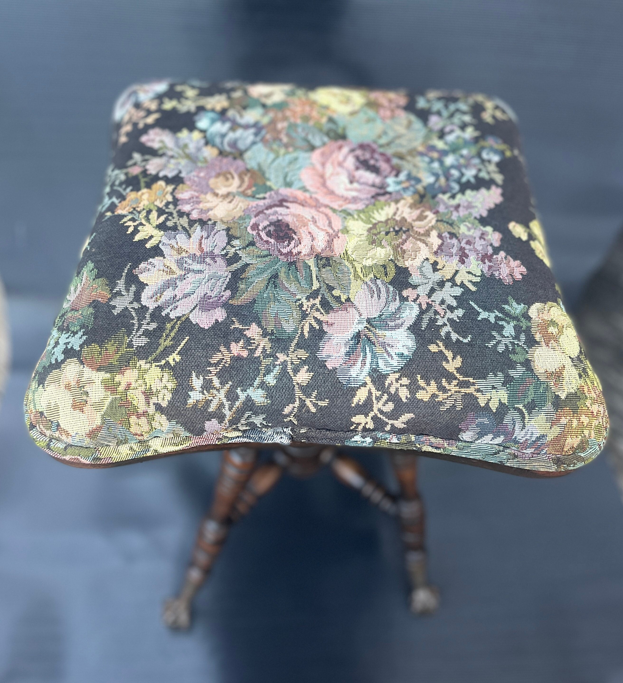 Antique Charles Parker Piano Stool: Victorian Embroidered Swivel