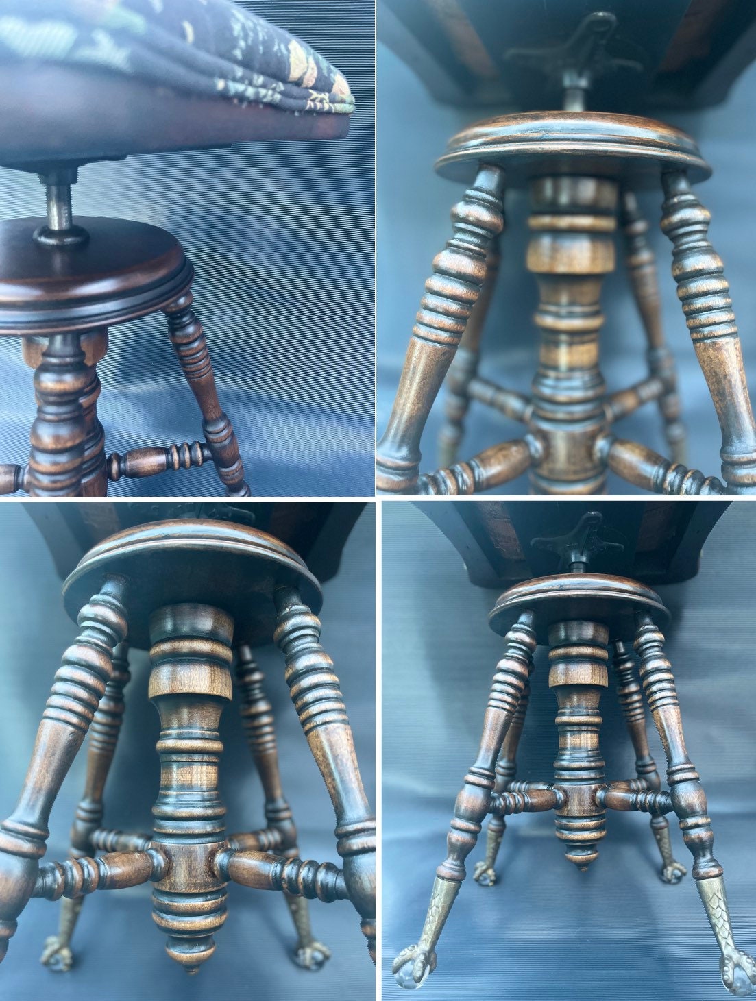 Antique Charles Parker Piano Stool: Victorian Embroidered Swivel