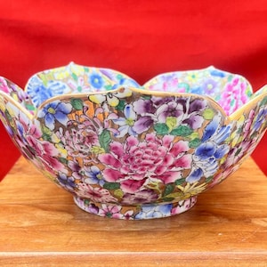 Chinese Porcelain Vase Mille Fleur Centerpiece, Jardiniere Home Accent Bowl Vase, Japanese Decor Famille Rose Chinoiserie, Garden Accessory