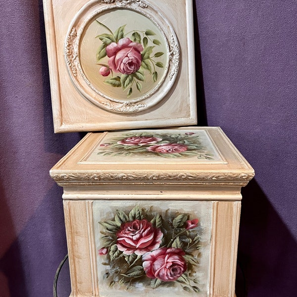 Victorian Chest Matching Framed Picture, Wood Chest Antique Rose Motif Nursery Decor, Wood Trunk Roses Bedroom, Hope Chest Antique White