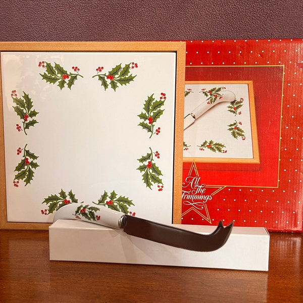 NEW Macys All The Trimmings Christmas Tile Trivet & Cheese Knife, Holly and Berries Charcuterie Trivet, Holiday Decoration Hosting Serving