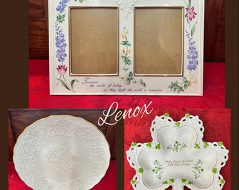 Dekoracja do domu Lenox Bone China: talerz ślubny, podwójna ramka na zdjęcia, naczynie w kształcie koniczyny